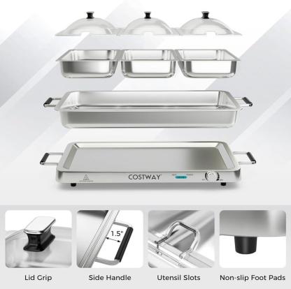 Buffet Eléctrico 2 en 1 con Bandeja Calentadora de Acero Inoxidable, Control de Temperatura, 3 Charolas y Capacidad de 4.5/8 Qt para Fiestas y Eventos