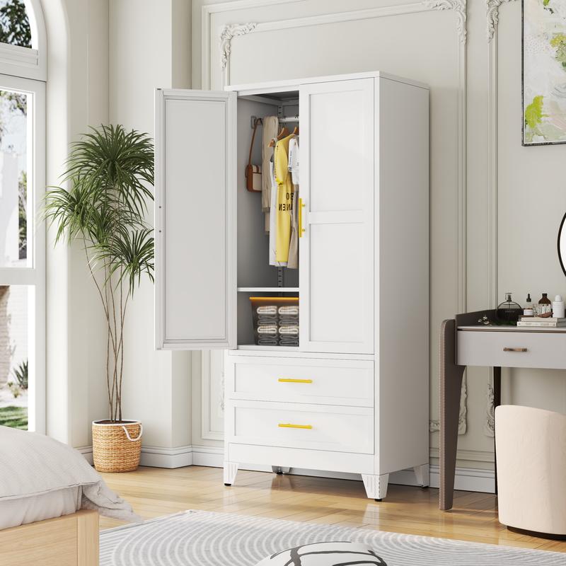 Armario Metálico de 2 Puertas y 2 Cajones, 71" con Barra para Colgar y Repisa Ajustable para Dormitorio