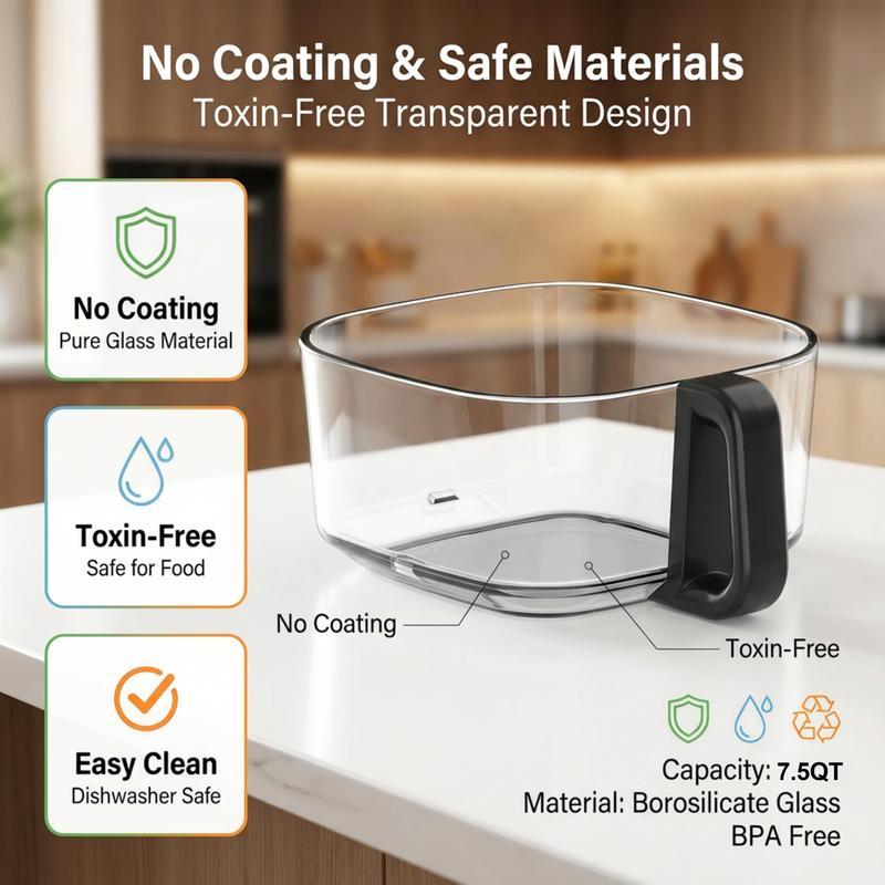 Freidora de Aire de Vidrio de 7.5 QT, Tazón Transparente Resistente al Calor, 1200W, 5 en 1, Cocina un Pollo Entero, Cocción Sin Aceite, Recipiente Apto para Lavavajillas, Ideal para Familias y Preparación de Comidas