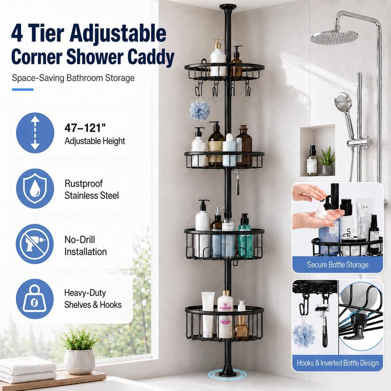Organizador Esquinero para Regadera de 4 Niveles, Acero Inoxidable, Sin Perforar, Ajustable 47-121", Negro