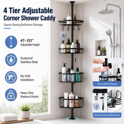 Organizador Esquinero para Regadera de 4 Niveles, Acero Inoxidable, Sin Perforar, Ajustable 47-121", Negro