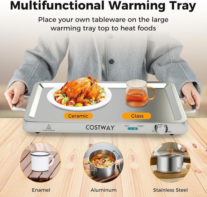 Buffet Eléctrico 2 en 1 con Bandeja Calentadora de Acero Inoxidable, Control de Temperatura, 3 Charolas y Capacidad de 4.5/8 Qt para Fiestas y Eventos