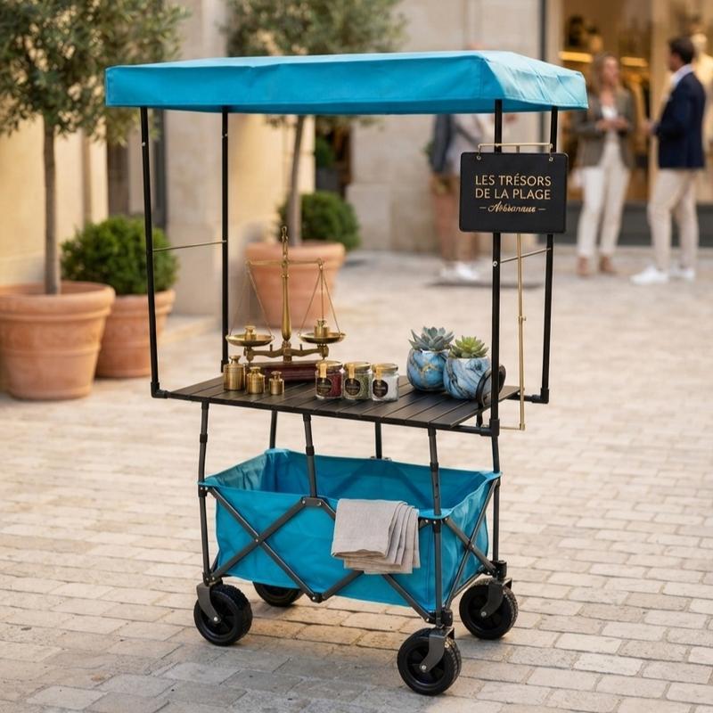 Carrito Multiusos Plegable con Toldo y Ruedas – Estación Móvil para Eventos, Negocios y Picnic