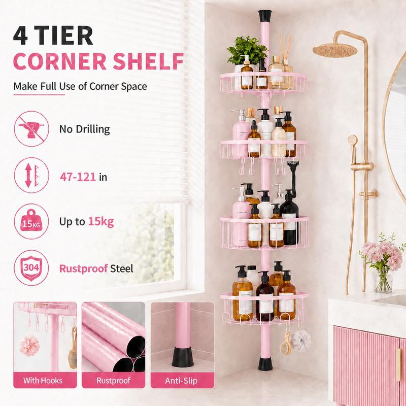 Organizador Esquinero para Regadera de 4 Niveles, Acero Inoxidable, Sin Perforar, Ajustable 47-121", Negro