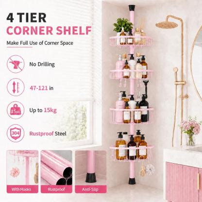 Organizador Esquinero para Regadera de 4 Niveles, Acero Inoxidable, Sin Perforar, Ajustable 47-121", Negro