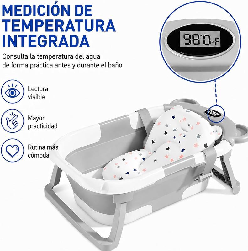 Bluelander Bañera Plegable para Bebé 69.5 x 42 x 21 cm con Medición de Temperatura Cojín de Espuma PU Patas Plegables Espacio para Biberón