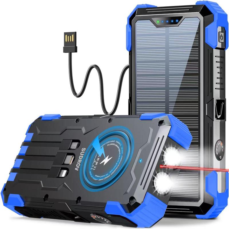 Cargador Solar Portátil de 42800 mAh, Carga Rápida de 15 W, 4 Cables Integrados, 7 Salidas, 3 Entradas, Carga Inalámbrica, Resistente al Polvo, Linterna Doble, Mosquetón y Termómetro para Celulares