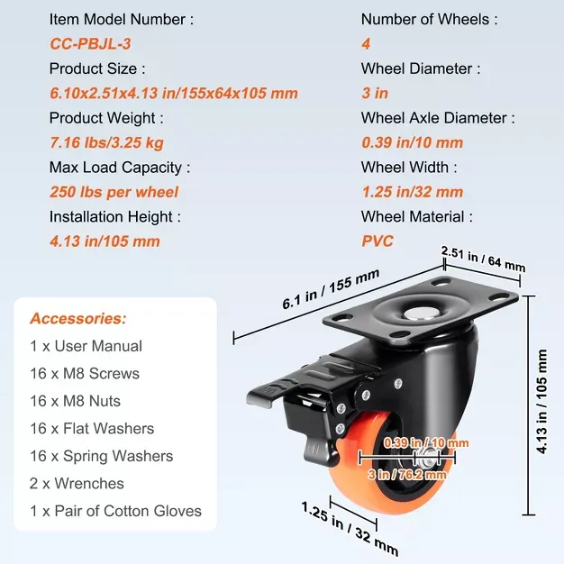 3 Inch Heavy Duty Swivel Caster Wheels Set of 4, 360° Locking Plate Casters, Silent PVC Wheels, 250 lbs Load Capacity for Furniture, Workbenches, Carts & Equipment