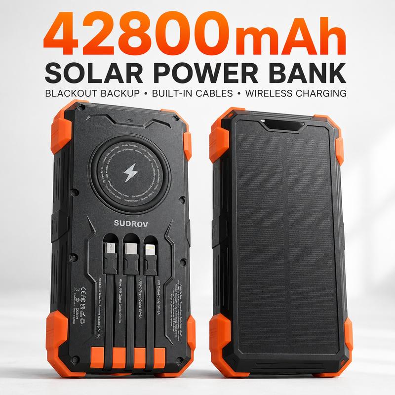 Cargador Solar Portátil de 42800 mAh, Carga Rápida de 15 W, 4 Cables Integrados, 7 Salidas, 3 Entradas, Carga Inalámbrica, Resistente al Polvo, Linterna Doble, Mosquetón y Termómetro para Celulares