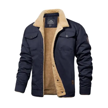 Chaqueta de invierno para hombre con forro de borreguito, estilo camionero casual de algodón color caqui.