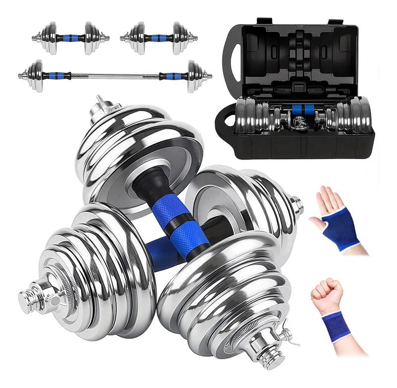 Set de Mancuernas Ajustables 20kg y Barra 2 en 1 Cromadas con Maletín, Pesas para Gimnasio en Casa con Accesorios