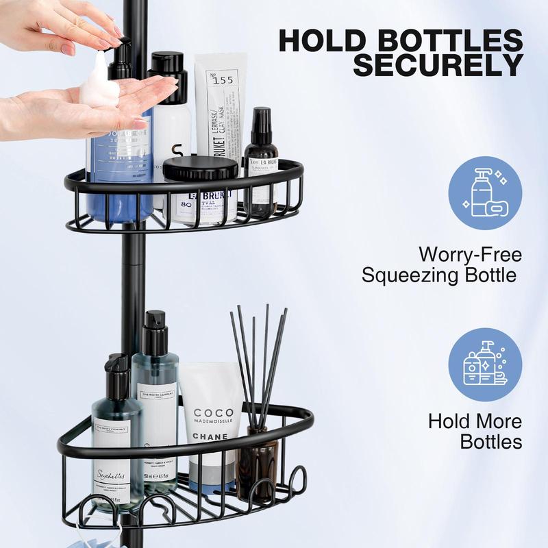 Organizador Esquinero para Regadera de 4 Niveles, Acero Inoxidable, Sin Perforar, Ajustable 47-121", Negro