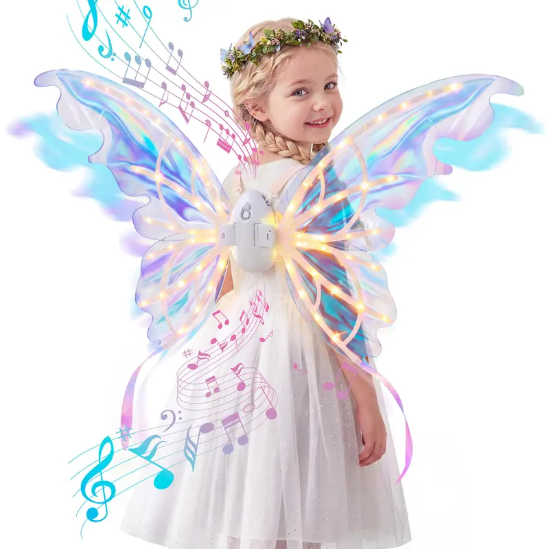 Set de alas de mariposa eléctricas, alas de hada móviles con música y luces LED, alas de ángel luminosas para disfraces de niñas, ideales para Halloween, cosplay, fiestas de cumpleaños y regalos.