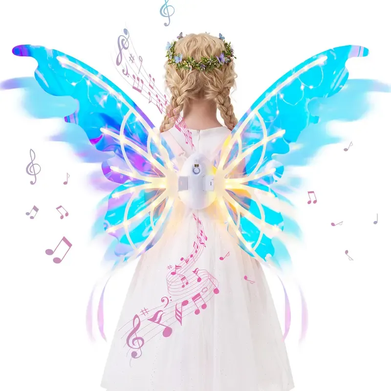 Set de alas de mariposa eléctricas, alas de hada móviles con música y luces LED, alas de ángel luminosas para disfraces de niñas, ideales para Halloween, cosplay, fiestas de cumpleaños y regalos.