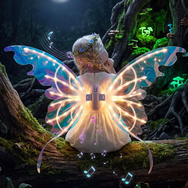 Set de alas de mariposa eléctricas, alas de hada móviles con música y luces LED, alas de ángel luminosas para disfraces de niñas, ideales para Halloween, cosplay, fiestas de cumpleaños y regalos.