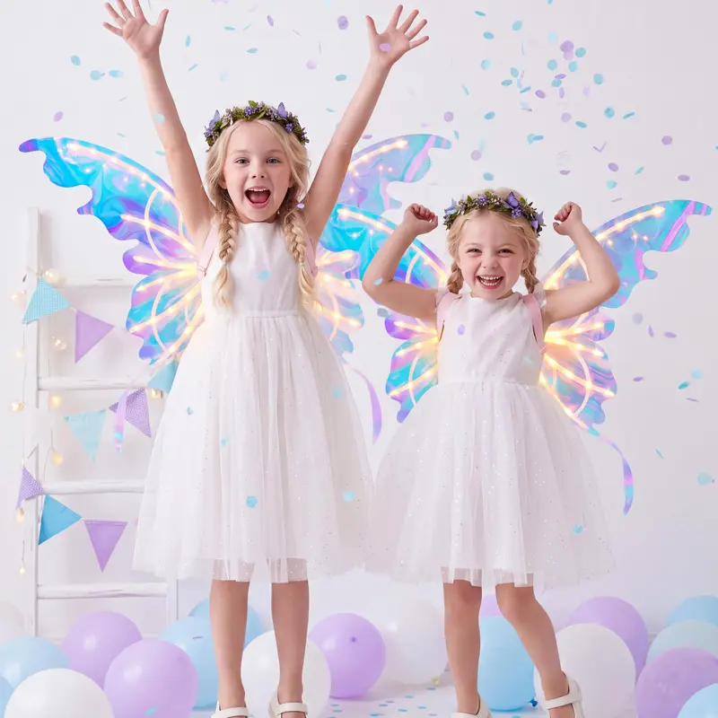 Set de alas de mariposa eléctricas, alas de hada móviles con música y luces LED, alas de ángel luminosas para disfraces de niñas, ideales para Halloween, cosplay, fiestas de cumpleaños y regalos.