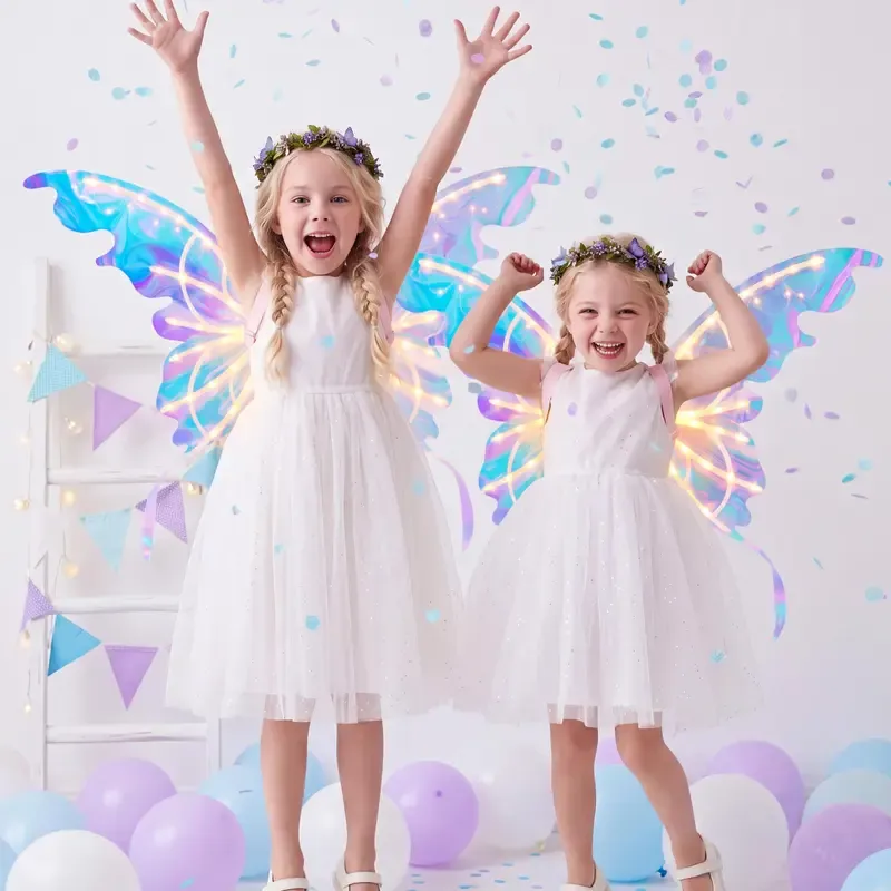 Set de alas de mariposa eléctricas, alas de hada móviles con música y luces LED, alas de ángel luminosas para disfraces de niñas, ideales para Halloween, cosplay, fiestas de cumpleaños y regalos.