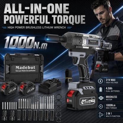 Llave de Impacto Inalámbrica de 1000 N·m, Pistola de Impacto Totalmente Metálica con 2 Baterías de 4.0 Ah, Herramienta Eléctrica 3 en 1 con 5 Dados