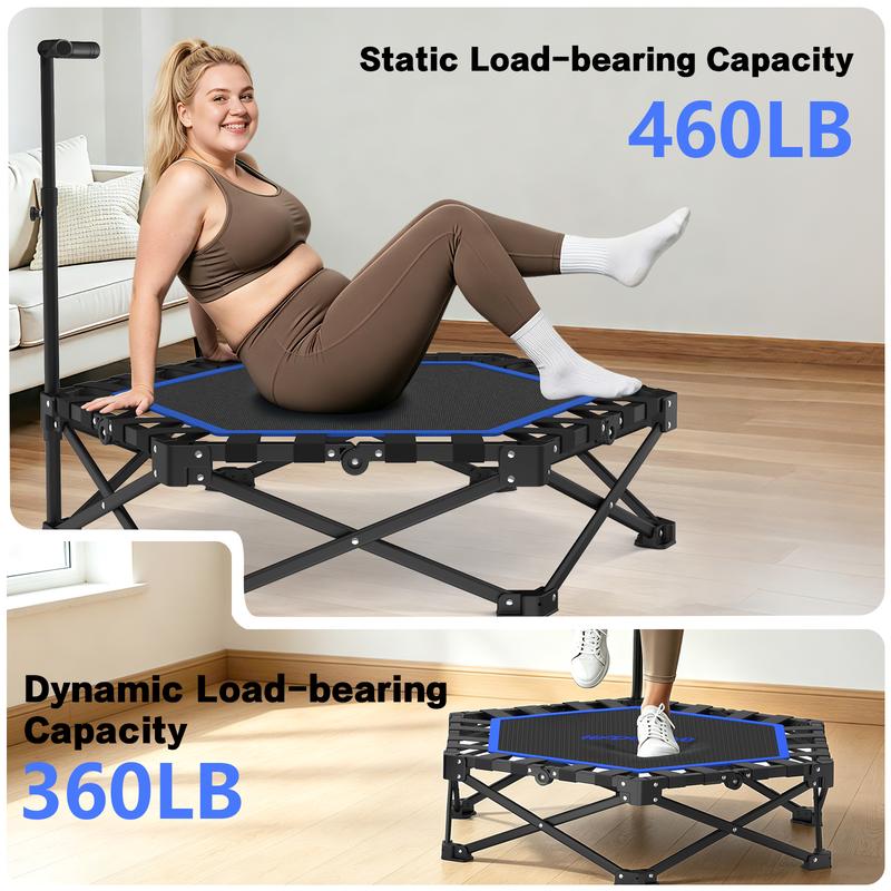 Mini Trampolín Plegable para Adultos con Barra de Apoyo, Hasta 460 lb de Resistencia, Fácil de Armar y con Manija Ajustable de Espuma