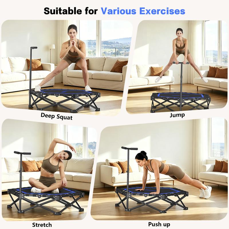 Mini Trampolín Plegable para Adultos con Barra de Apoyo, Hasta 460 lb de Resistencia, Fácil de Armar y con Manija Ajustable de Espuma