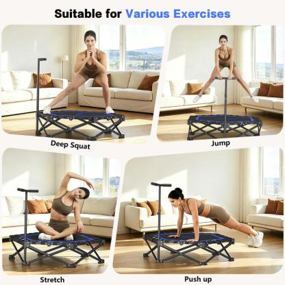 Mini Trampolín Plegable para Adultos con Barra de Apoyo, Hasta 460 lb de Resistencia, Fácil de Armar y con Manija Ajustable de Espuma