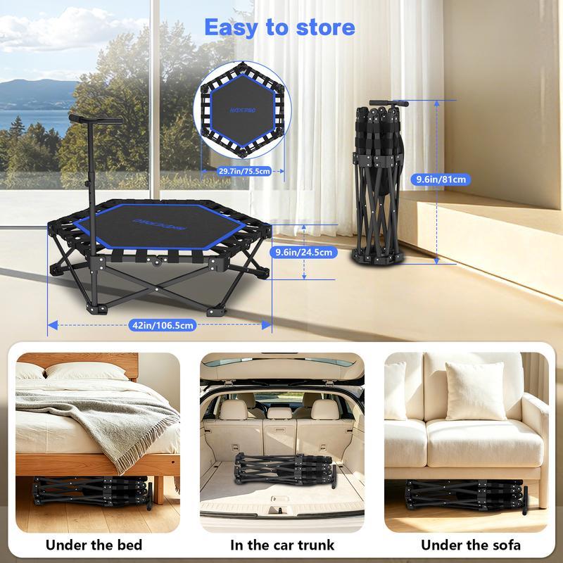 Mini Trampolín Plegable para Adultos con Barra de Apoyo, Hasta 460 lb de Resistencia, Fácil de Armar y con Manija Ajustable de Espuma