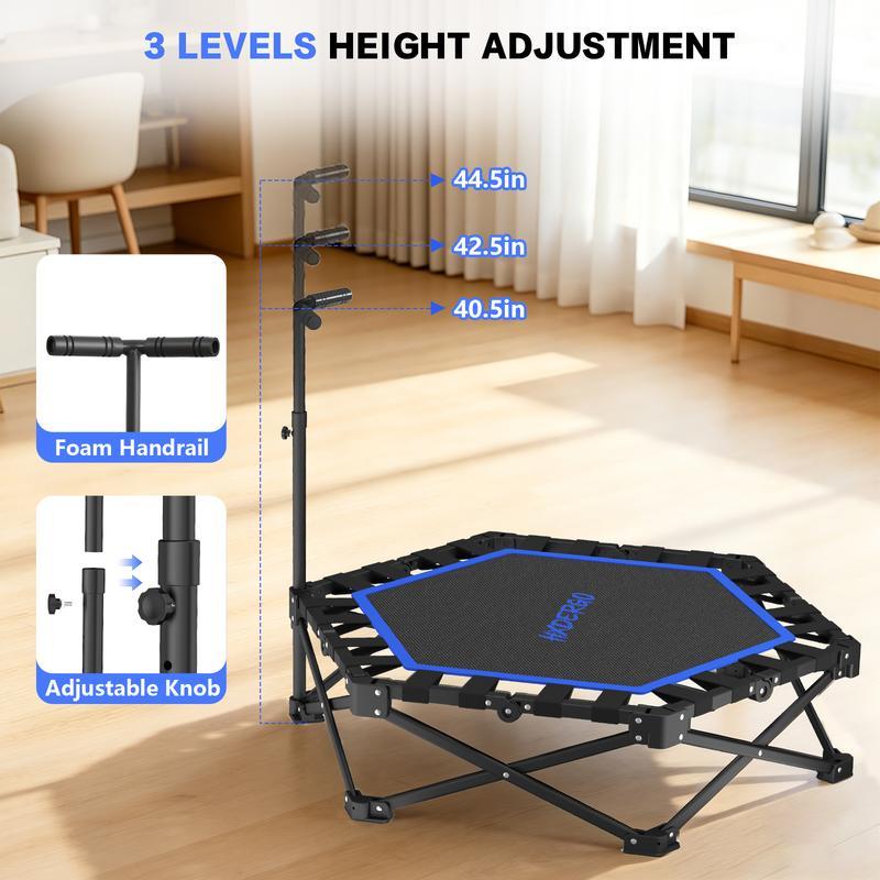 Mini Trampolín Plegable para Adultos con Barra de Apoyo, Hasta 460 lb de Resistencia, Fácil de Armar y con Manija Ajustable de Espuma