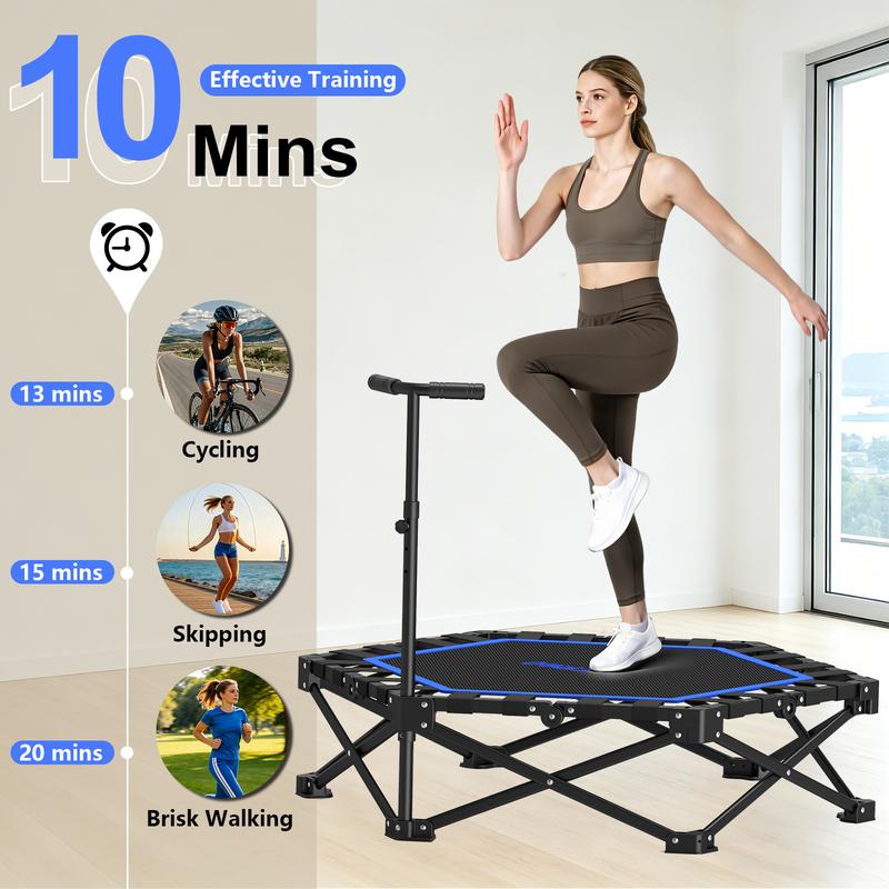 Mini Trampolín Plegable para Adultos con Barra de Apoyo, Hasta 460 lb de Resistencia, Fácil de Armar y con Manija Ajustable de Espuma