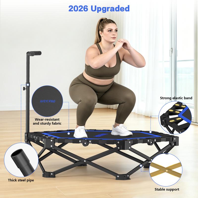 Mini Trampolín Plegable para Adultos con Barra de Apoyo, Hasta 460 lb de Resistencia, Fácil de Armar y con Manija Ajustable de Espuma