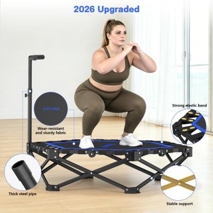 Mini Trampolín Plegable para Adultos con Barra de Apoyo, Hasta 460 lb de Resistencia, Fácil de Armar y con Manija Ajustable de Espuma