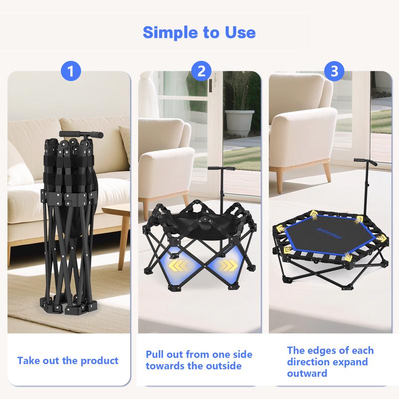 Mini Trampolín Plegable para Adultos con Barra de Apoyo, Hasta 460 lb de Resistencia, Fácil de Armar y con Manija Ajustable de Espuma