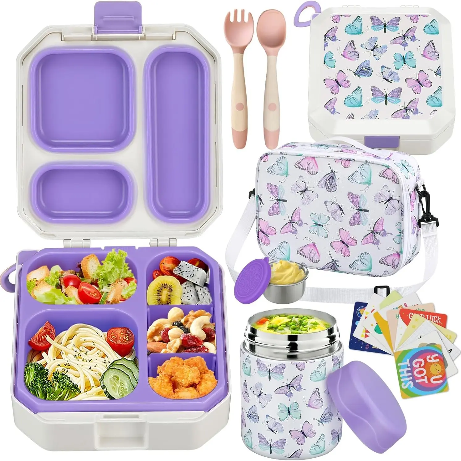 Lonchera Bento para Niños con Termo para Sopa de 12 oz, 5 Compartimentos, Bolsa Térmica, Hermética, Apta para Microondas y Portátil para Escuela