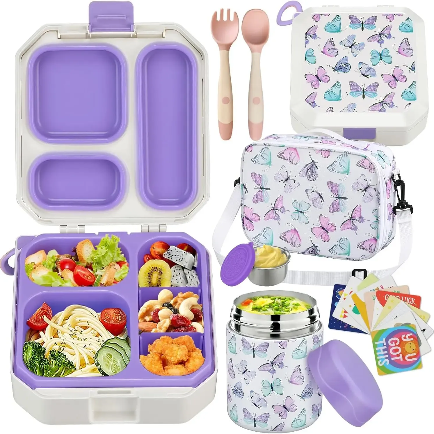 Lonchera Bento para Niños con Termo para Sopa de 12 oz, 5 Compartimentos, Bolsa Térmica, Hermética, Apta para Microondas y Portátil para Escuela