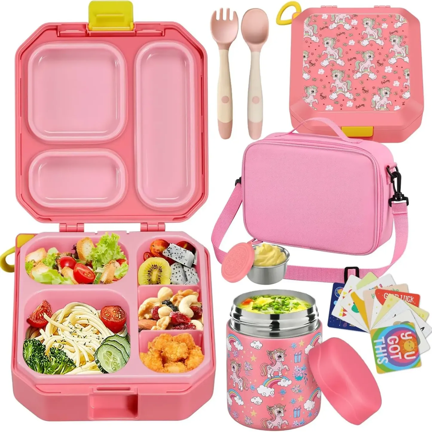 Lonchera Bento para Niños con Termo para Sopa de 12 oz, 5 Compartimentos, Bolsa Térmica, Hermética, Apta para Microondas y Portátil para Escuela