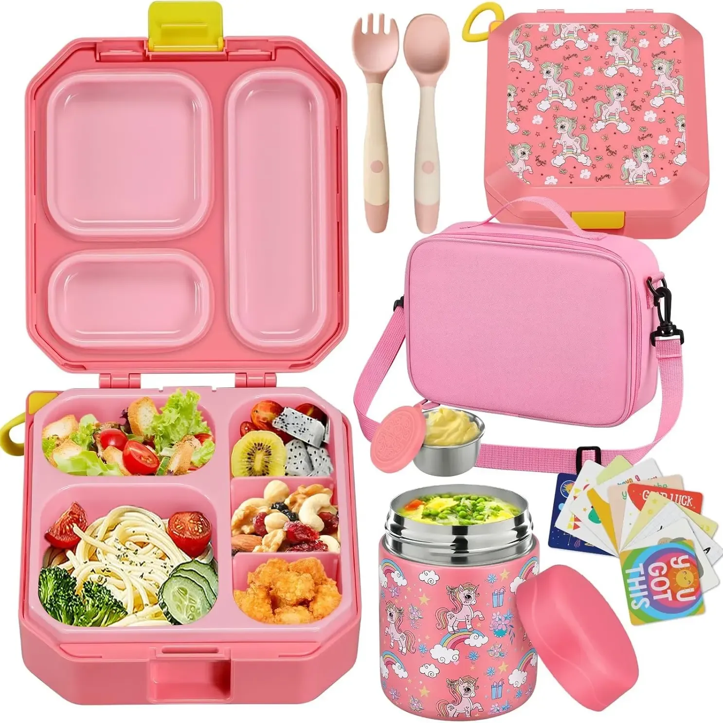 Lonchera Bento para Niños con Termo para Sopa de 12 oz, 5 Compartimentos, Bolsa Térmica, Hermética, Apta para Microondas y Portátil para Escuela