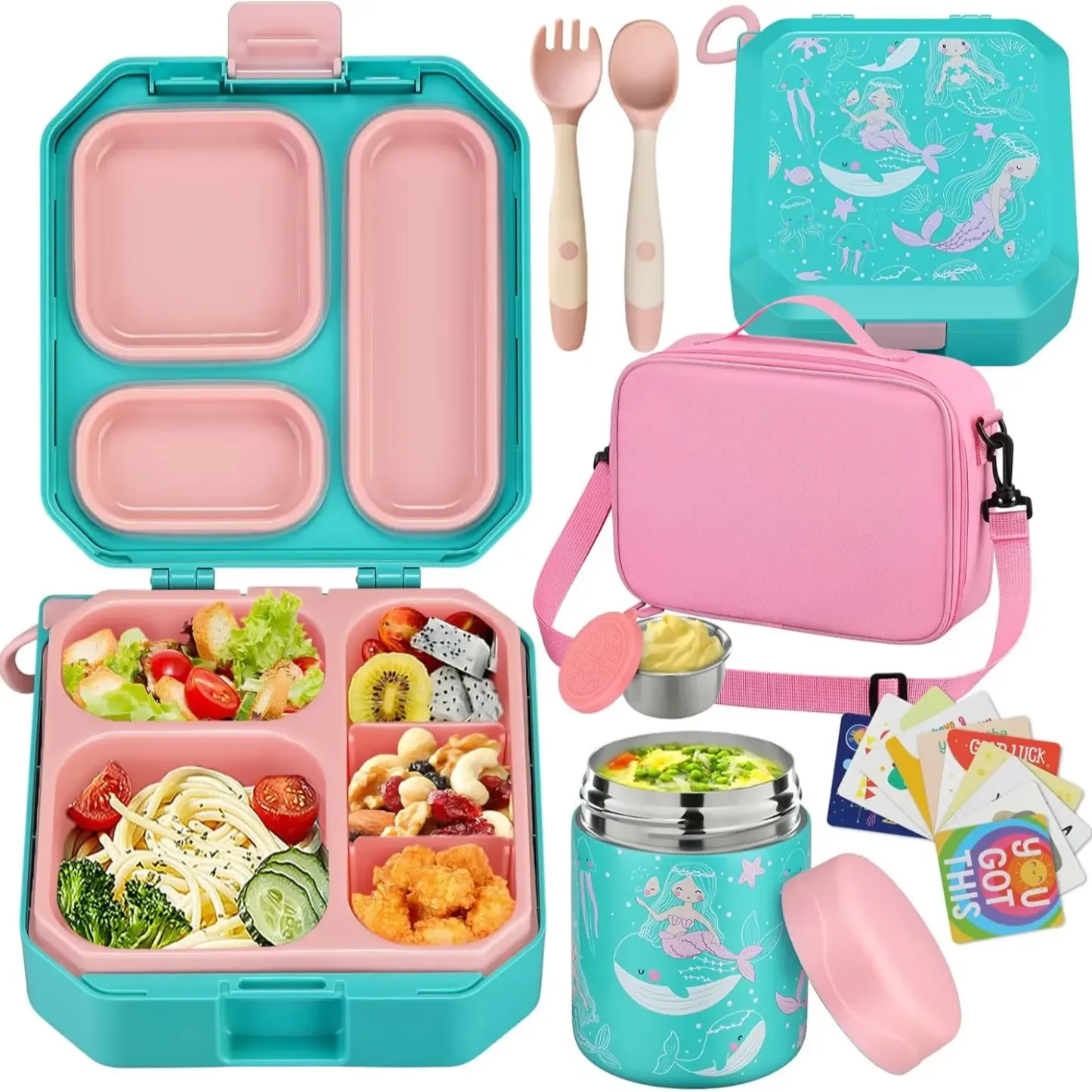 Lonchera Bento para Niños con Termo para Sopa de 12 oz, 5 Compartimentos, Bolsa Térmica, Hermética, Apta para Microondas y Portátil para Escuela