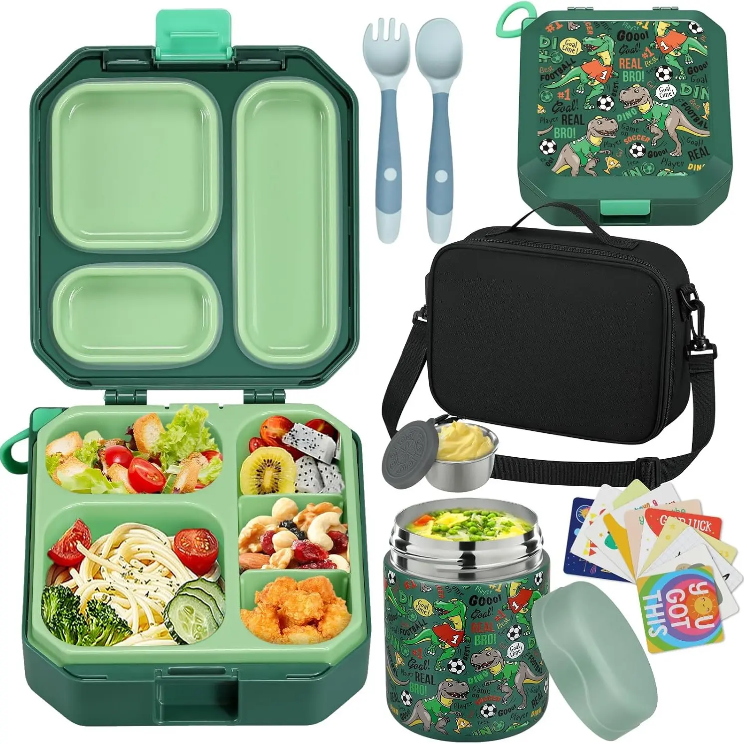 Lonchera Bento para Niños con Termo para Sopa de 12 oz, 5 Compartimentos, Bolsa Térmica, Hermética, Apta para Microondas y Portátil para Escuela