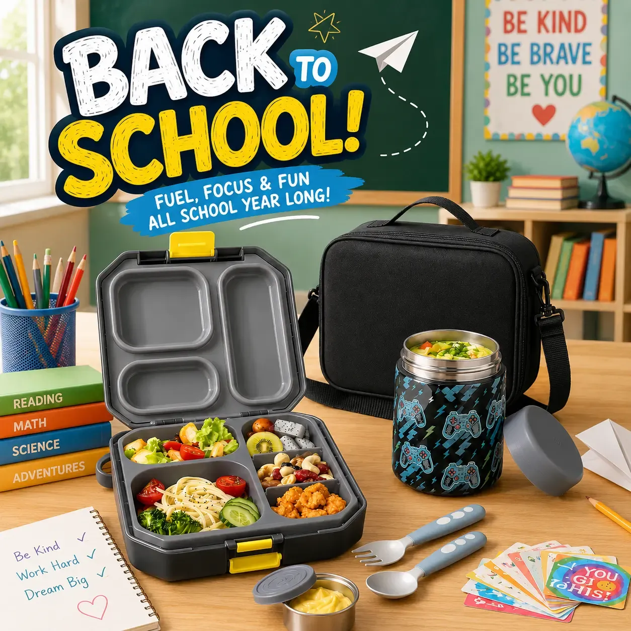Lonchera Bento para Niños con Termo para Sopa de 12 oz, 5 Compartimentos, Bolsa Térmica, Hermética, Apta para Microondas y Portátil para Escuela