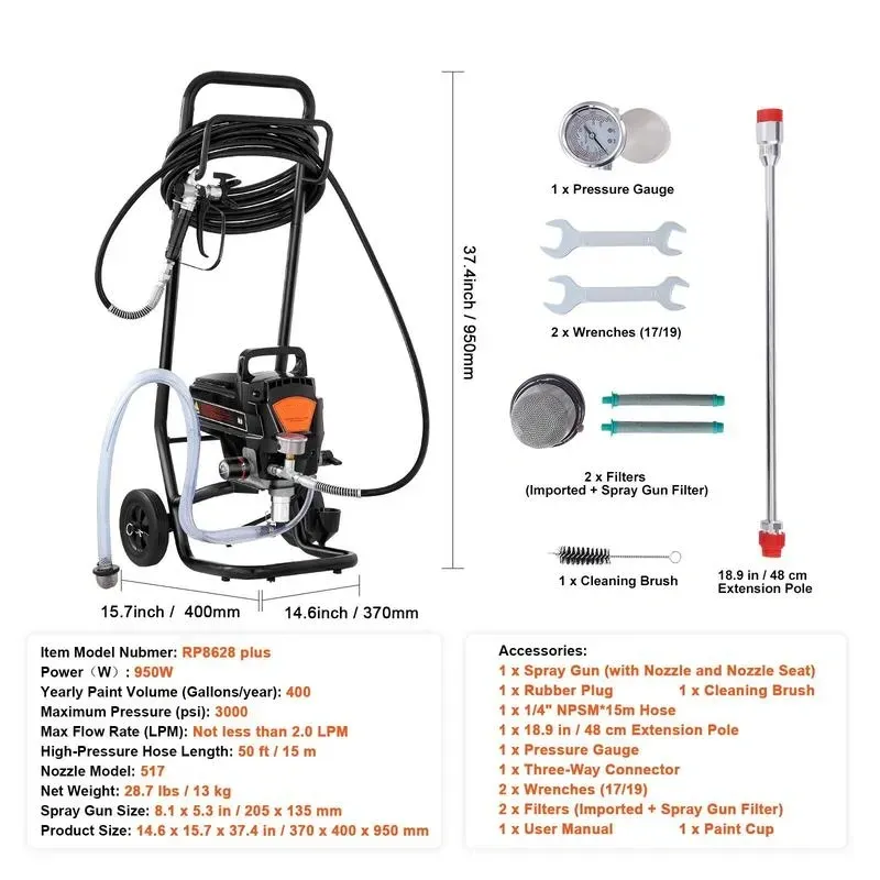 Pistola Eléctrica para Pintar 650W, Pulverizador Airless 3000 PSI con Accesorios para Casa, Cercas y Muebles