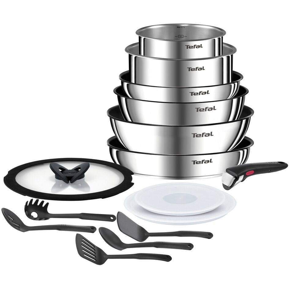 Set de cocina de 15 piezas, Mango extraíble, Apilable, Revestimiento antiadherente, Acero Inoxidable