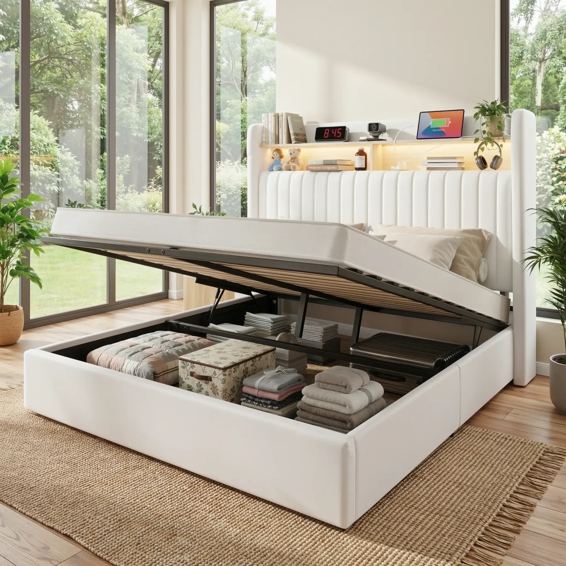 Base de Cama con Almacenamiento Elevable Full/Queen/King, Cabecera con USB y Type-C, Tapizada en Terciopelo, sin Box Spring