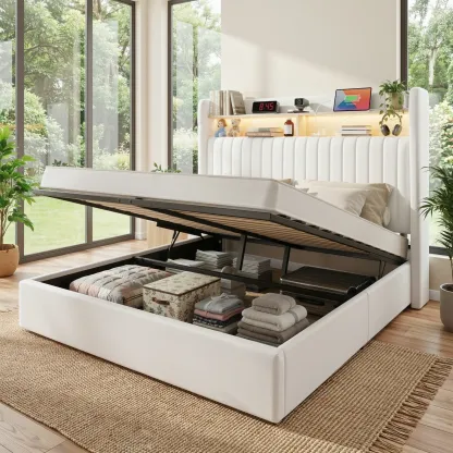 Base de Cama con Almacenamiento Elevable Full/Queen/King, Cabecera con USB y Type-C, Tapizada en Terciopelo, sin Box Spring