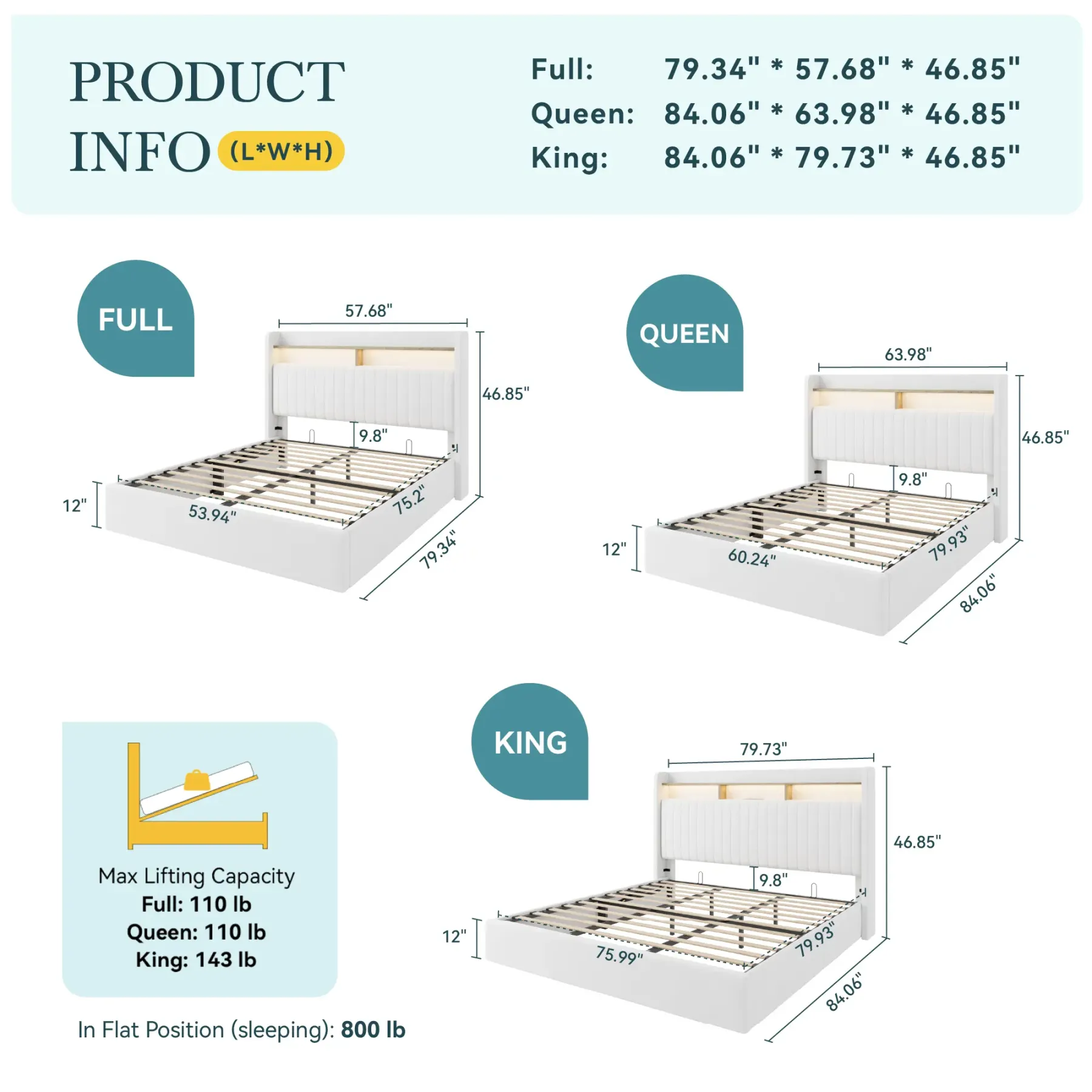 Base de Cama con Almacenamiento Elevable Full/Queen/King, Cabecera con USB y Type-C, Tapizada en Terciopelo, sin Box Spring