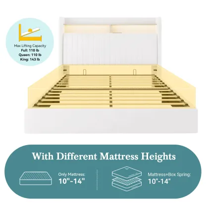Base de Cama con Almacenamiento Elevable Full/Queen/King, Cabecera con USB y Type-C, Tapizada en Terciopelo, sin Box Spring