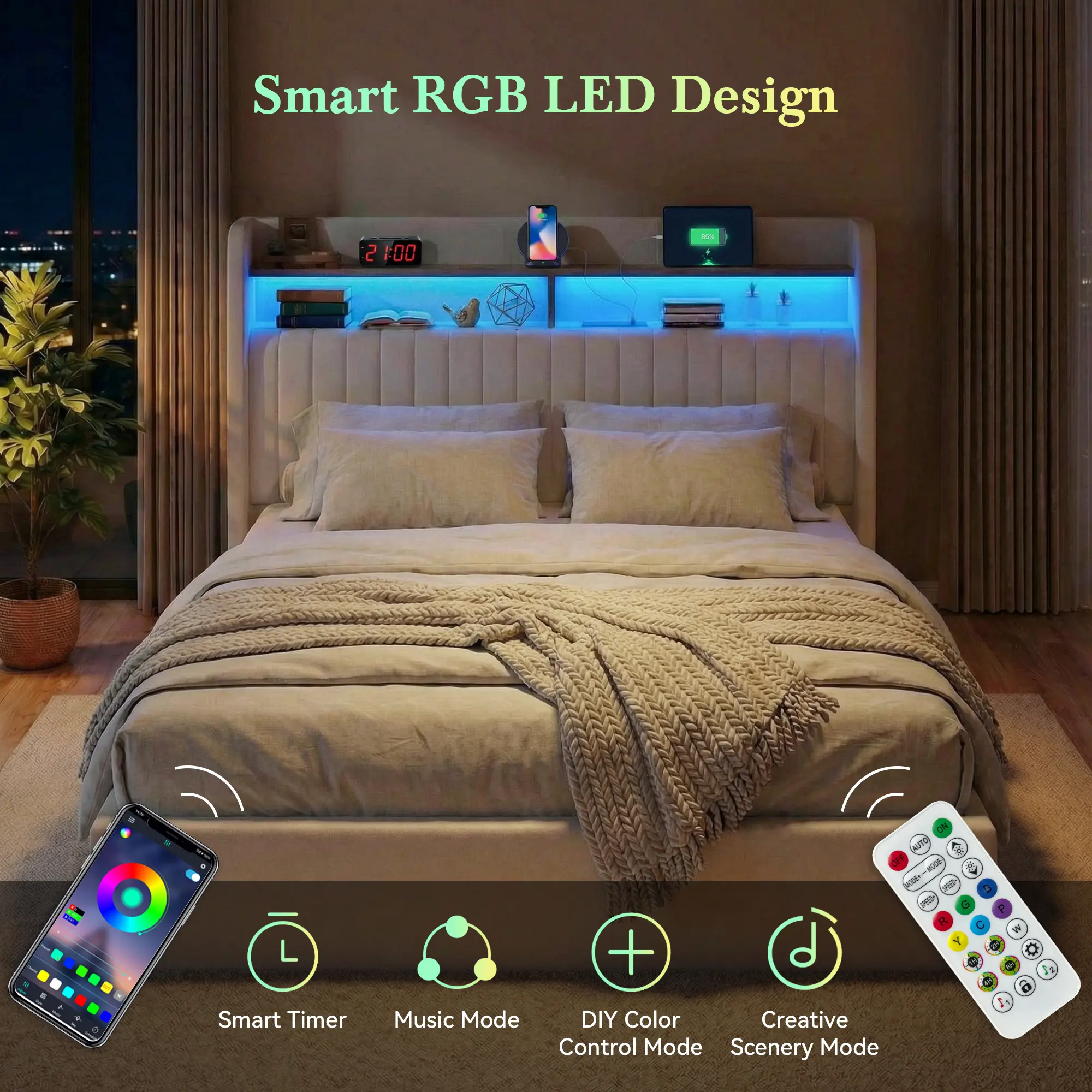 Base de Cama con Almacenamiento Elevable Full/Queen/King, Cabecera con USB y Type-C, Tapizada en Terciopelo, sin Box Spring