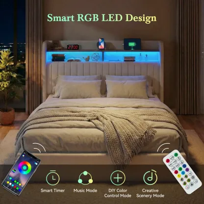 Base de Cama con Almacenamiento Elevable Full/Queen/King, Cabecera con USB y Type-C, Tapizada en Terciopelo, sin Box Spring