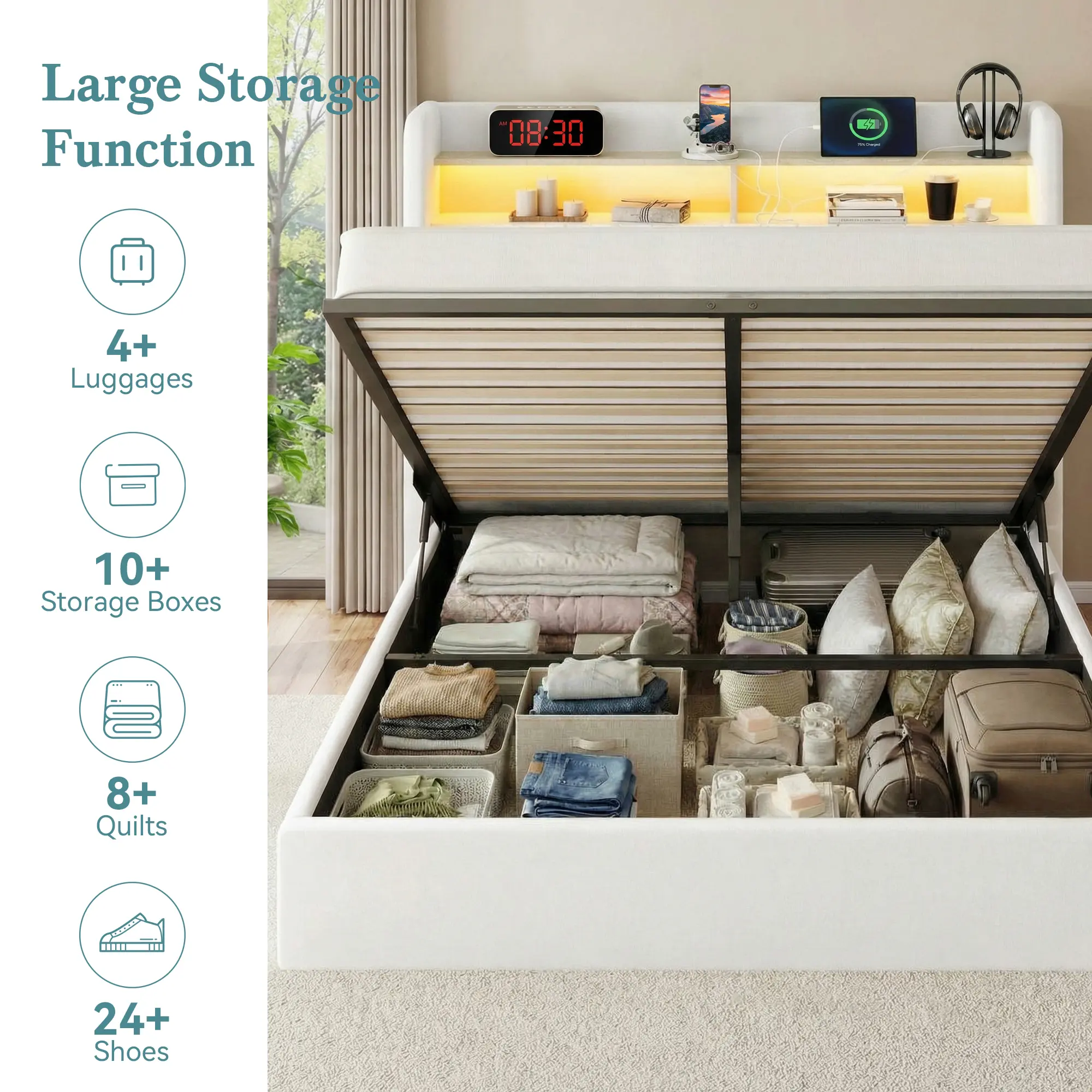 Base de Cama con Almacenamiento Elevable Full/Queen/King, Cabecera con USB y Type-C, Tapizada en Terciopelo, sin Box Spring