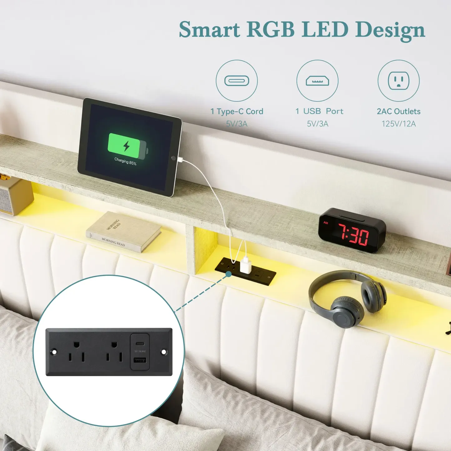 Base de Cama con Almacenamiento Elevable Full/Queen/King, Cabecera con USB y Type-C, Tapizada en Terciopelo, sin Box Spring