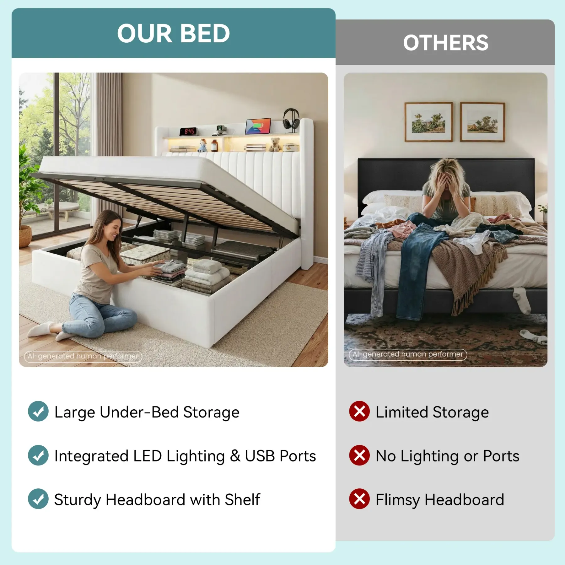 Base de Cama con Almacenamiento Elevable Full/Queen/King, Cabecera con USB y Type-C, Tapizada en Terciopelo, sin Box Spring