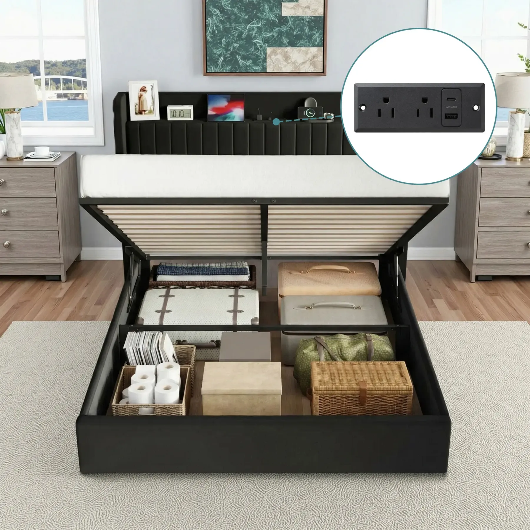 Base de Cama con Almacenamiento Elevable Full/Queen/King, Cabecera con USB y Type-C, Tapizada en Terciopelo, sin Box Spring